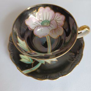 Tea set Cup and saucer fine china. Black with pink flower